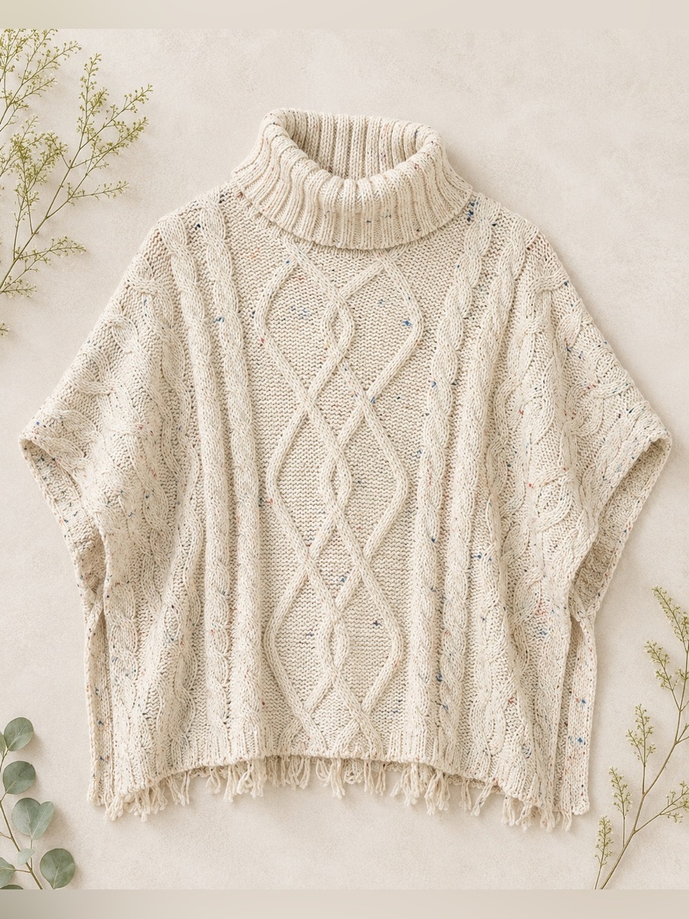 Sonoma Cream Speckled Cable Knit Turtleneck Poncho Sweater S/M
